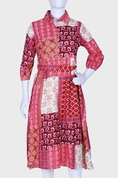 Pink Printed Cotton A-line Kurti