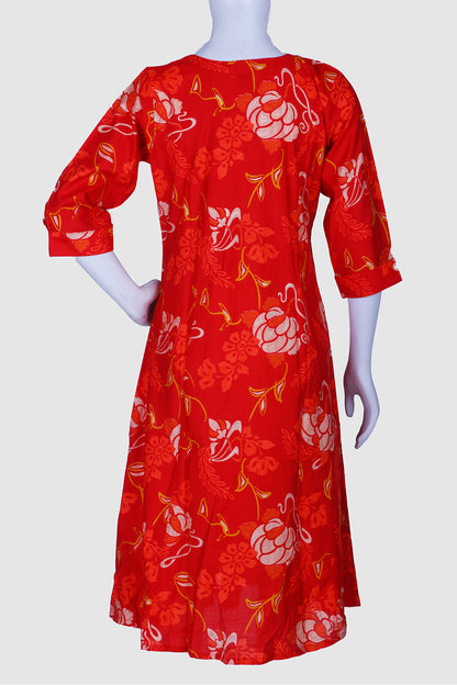 Red Printed Rayon A-line Kurti