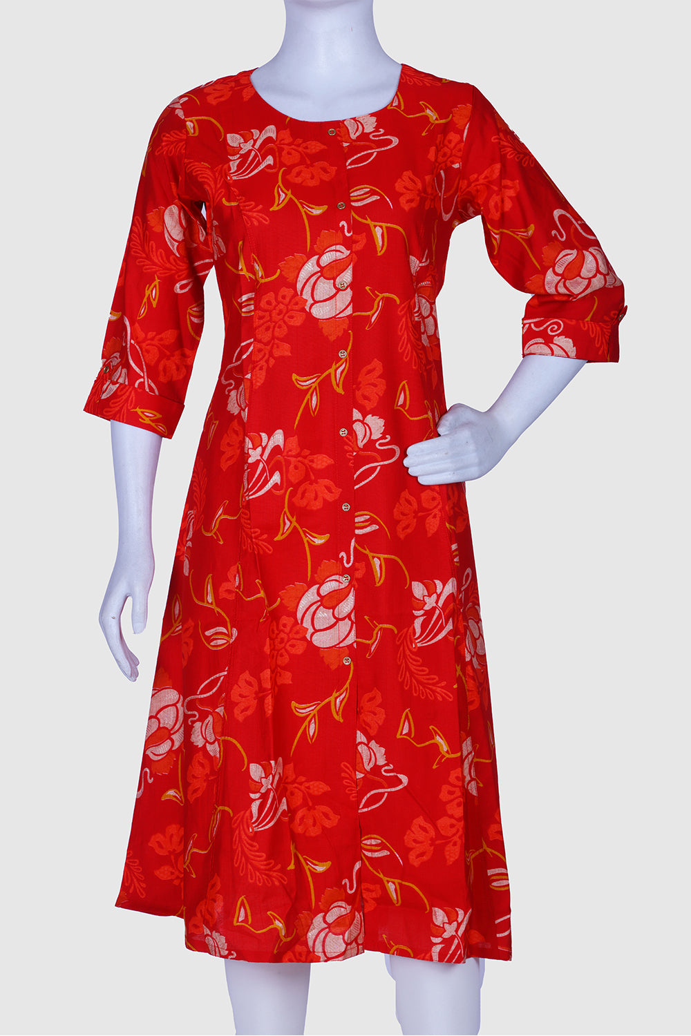 Red Printed Rayon A-line Kurti
