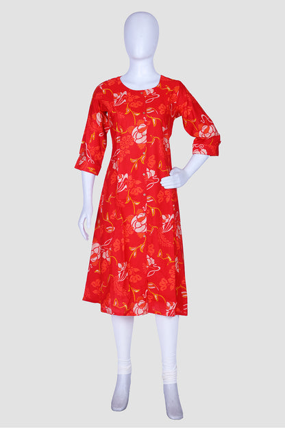 Red Printed Rayon A-line Kurti