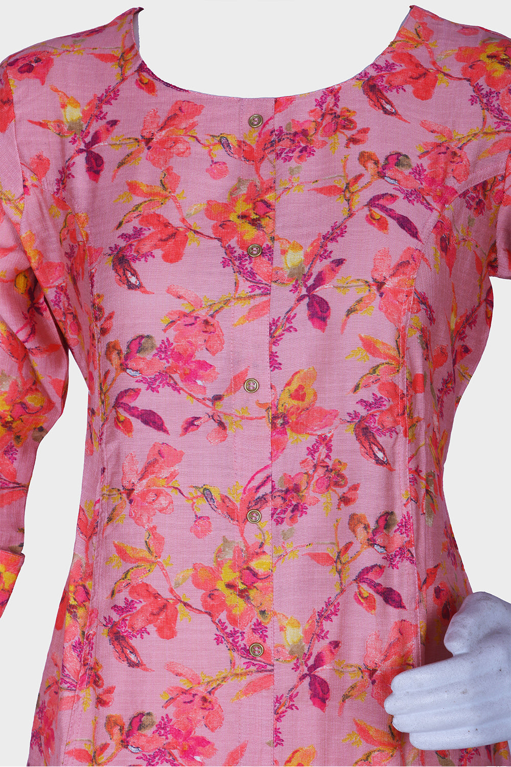 Pink Printed Rayon A-Line Kurti