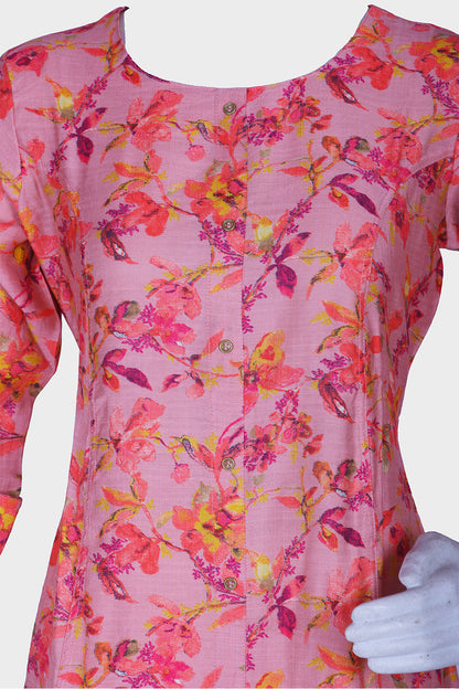 Pink Printed Rayon A-Line Kurti