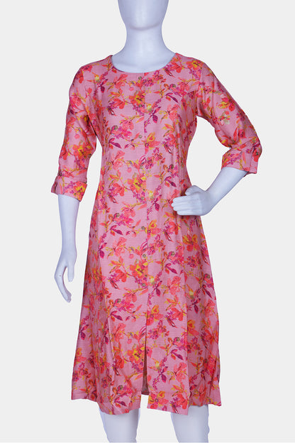 Pink Printed Rayon A-Line Kurti