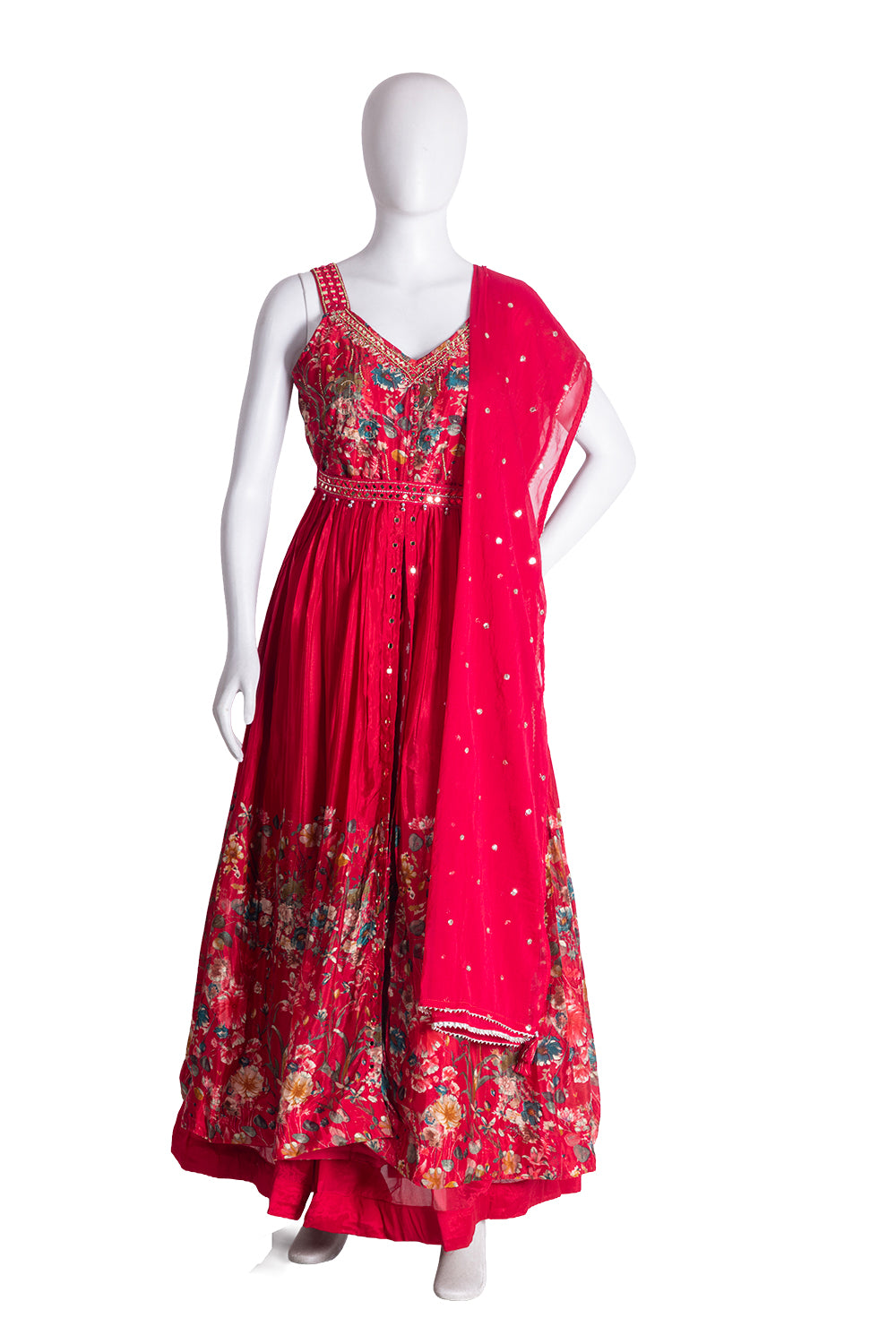 Reddish Pink Chinon Skirt Kurti 3 Pieces Set