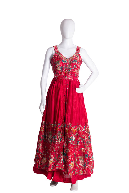 Reddish Pink Chinon Skirt Kurti 3 Pieces Set