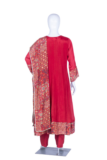 Dark Rust Chinon Kurti Frock 3 Pieces Set