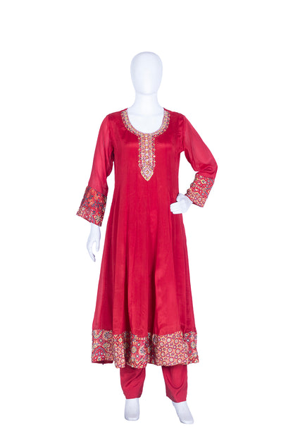 Dark Rust Chinon Kurti Frock 3 Pieces Set