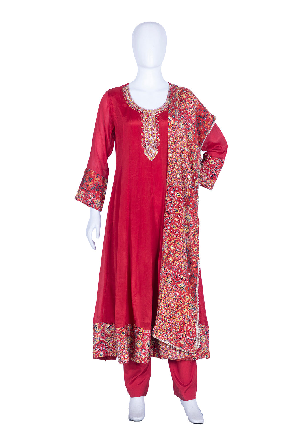 Dark Rust Chinon Kurti Frock 3 Pieces Set