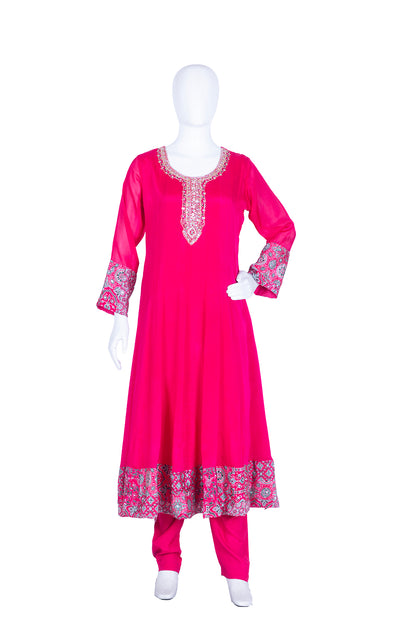 Dark Rose Chinon Kurti Frock 3 Pieces Set