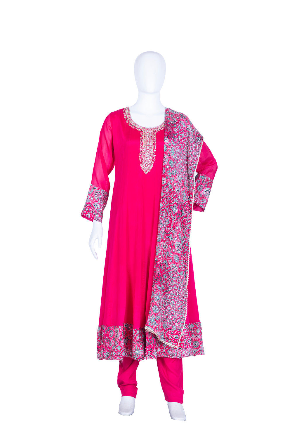 Dark Rose Chinon Kurti Frock 3 Pieces Set