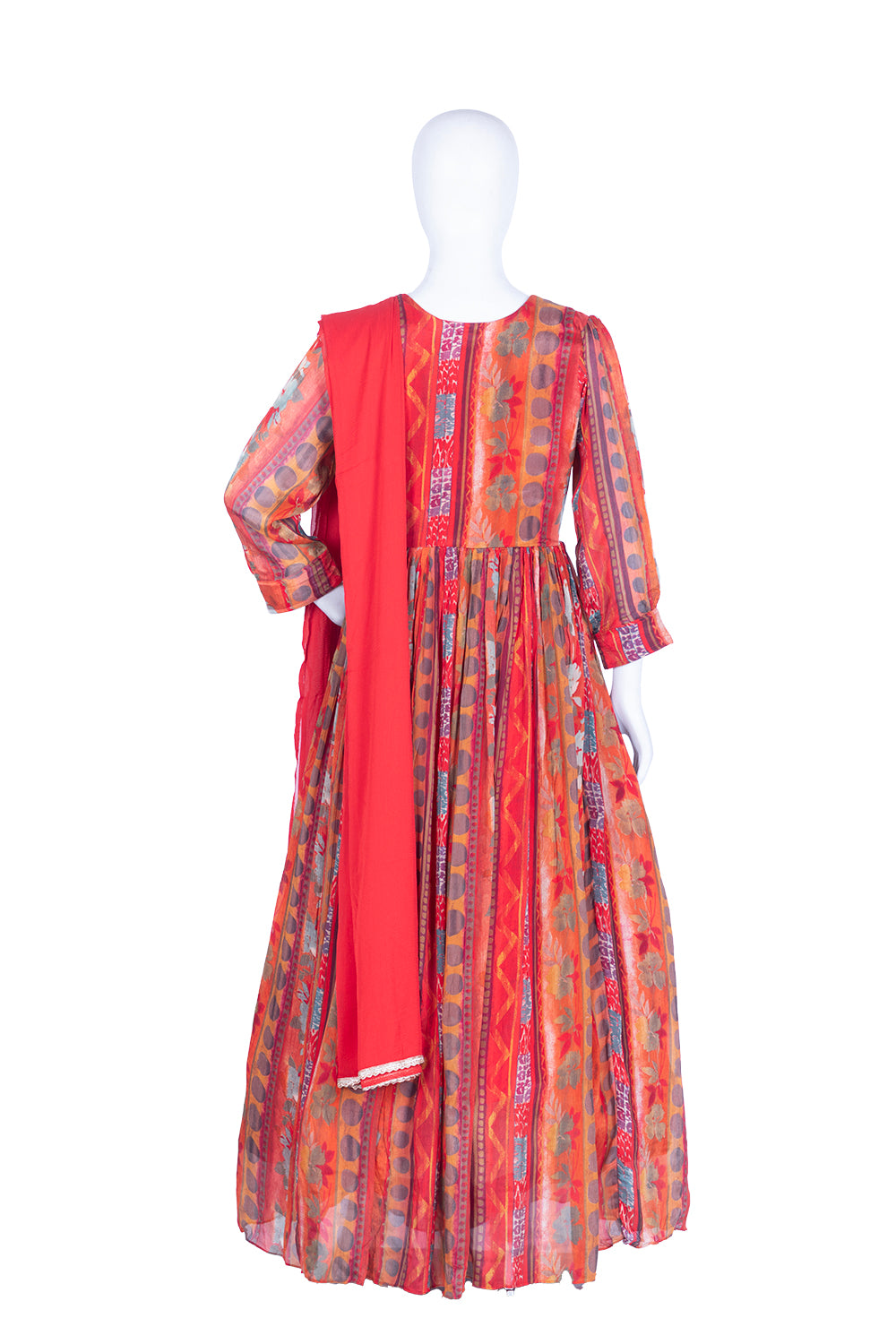 Red Chinon Long Frock Kurti Set