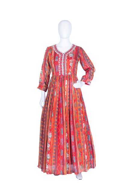 Red Chinon Long Frock Kurti Set