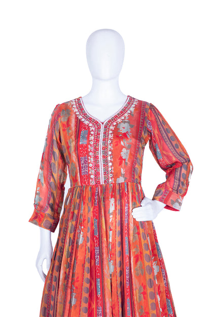 Red Chinon Long Frock Kurti Set