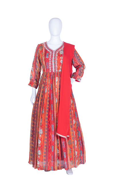 Red Chinon Long Frock Kurti Set