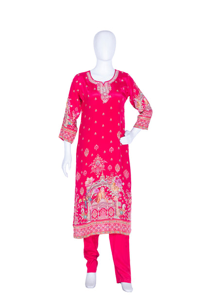 Rani Pink Crepe Kurti Pant 3 Pieces Set