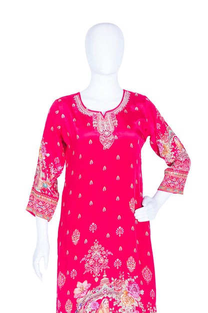 Rani Pink Crepe Kurti Pant 3 Pieces Set