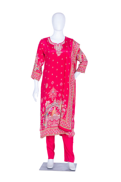 Rani Pink Crepe Kurti Pant 3 Pieces Set