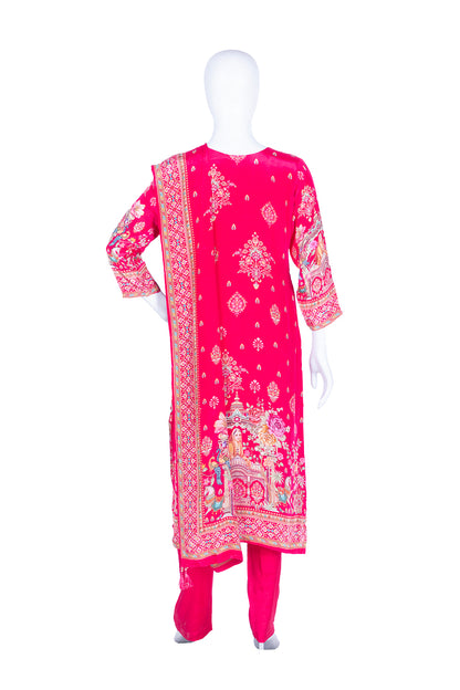 Rani Pink Crepe Kurti Pant 3 Pieces Set