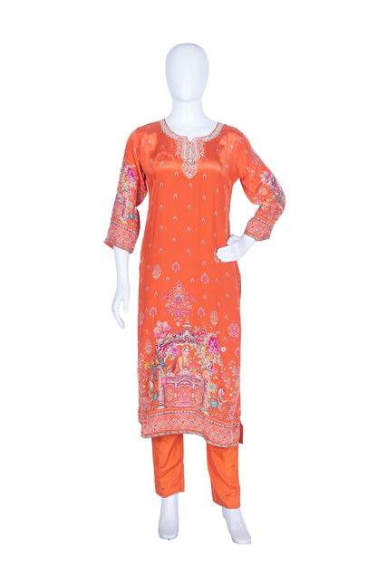 Rust Crepe Kurti Pant 3 Pieces Set