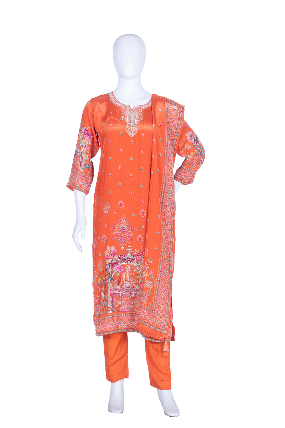 Rust Crepe Kurti Pant 3 Pieces Set