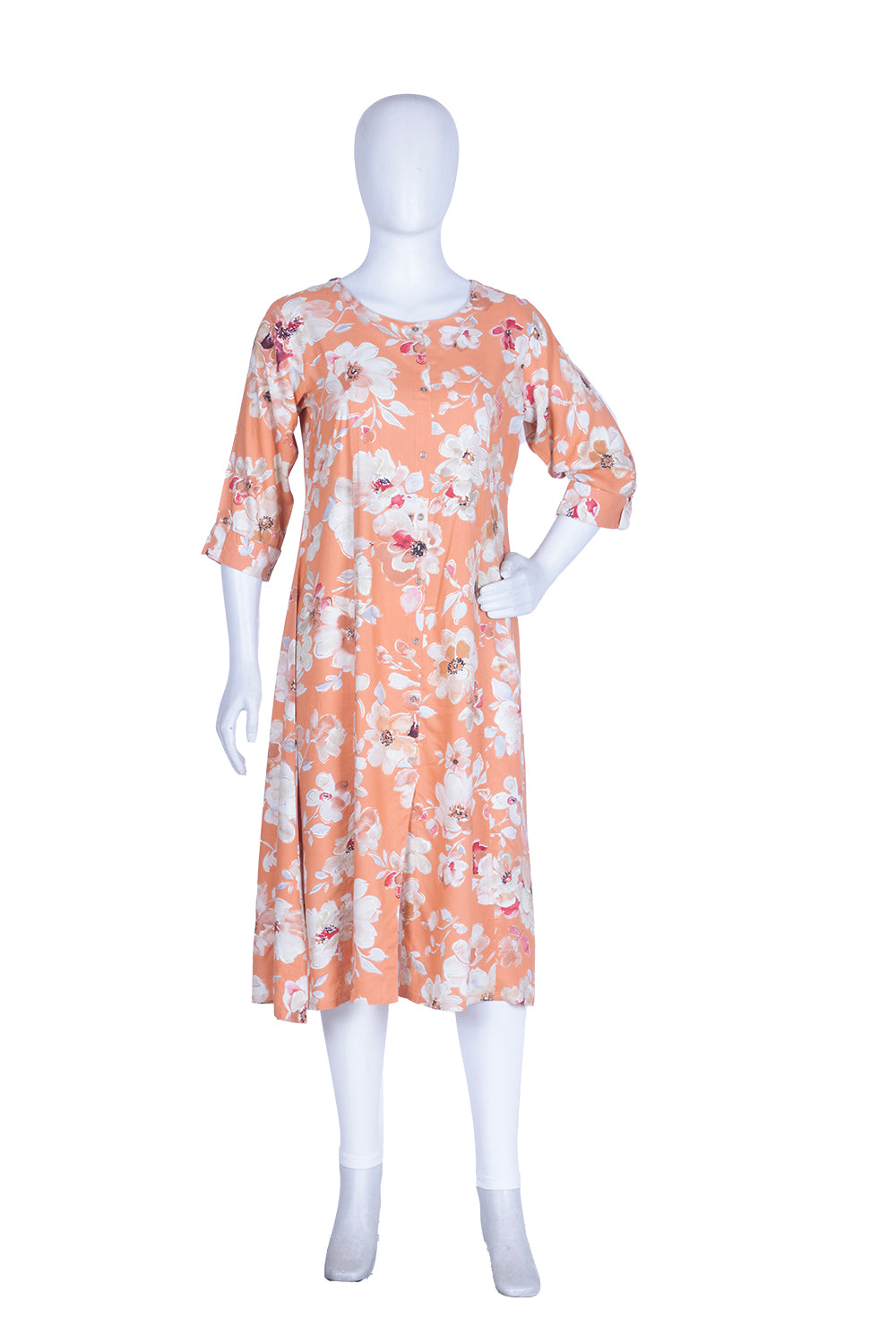 Peach Rayon Printed Aline Kurti