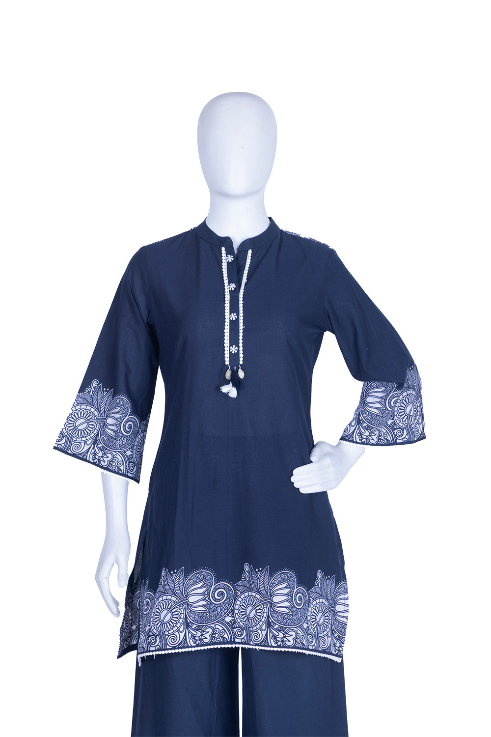 Navy Blue Cotton Printed Kurti Set