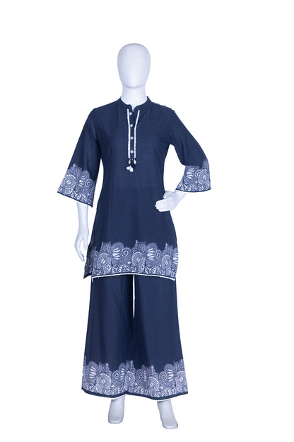 Navy Blue Cotton Printed Kurti Set