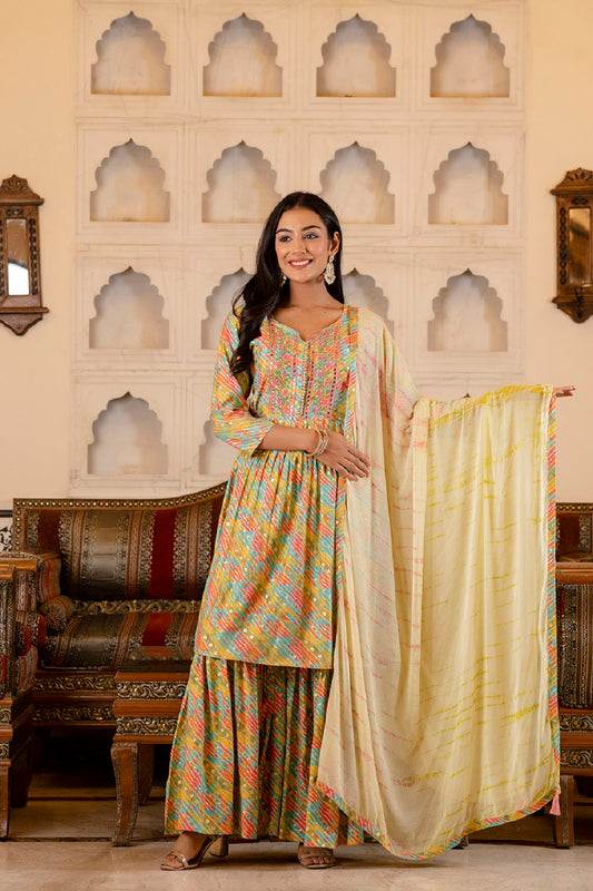 Multicolor Kurti With Plazo Dupatta Set