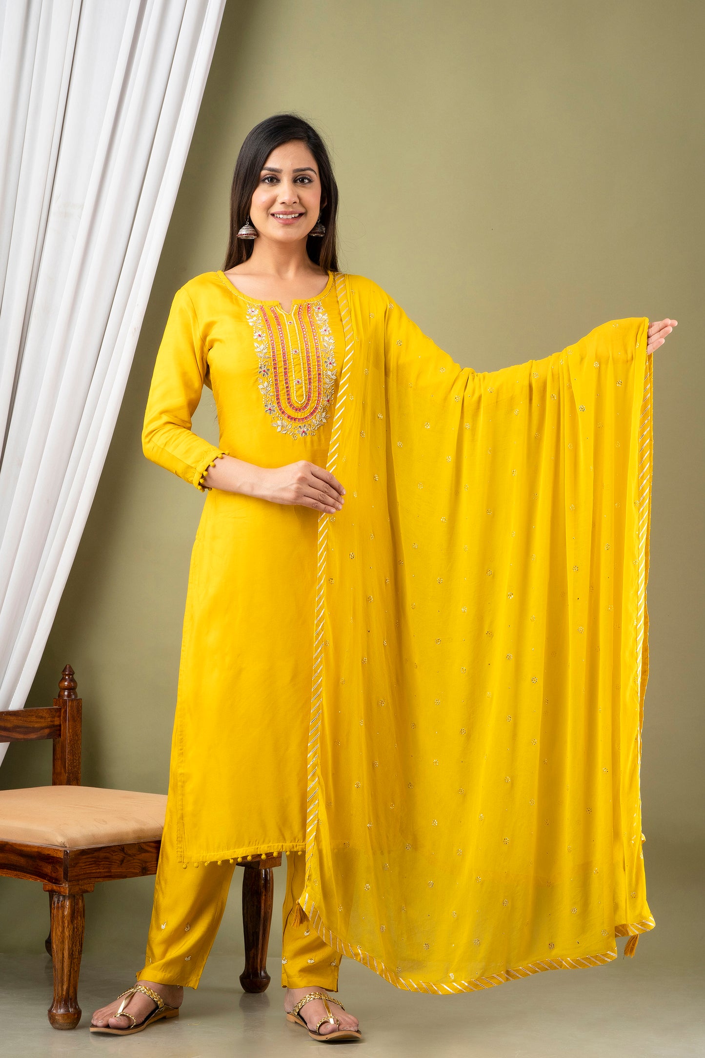 Musterd Kurti With Pant And Dupatta