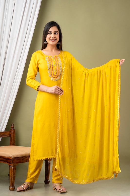 Musterd Kurti With Pant And Dupatta