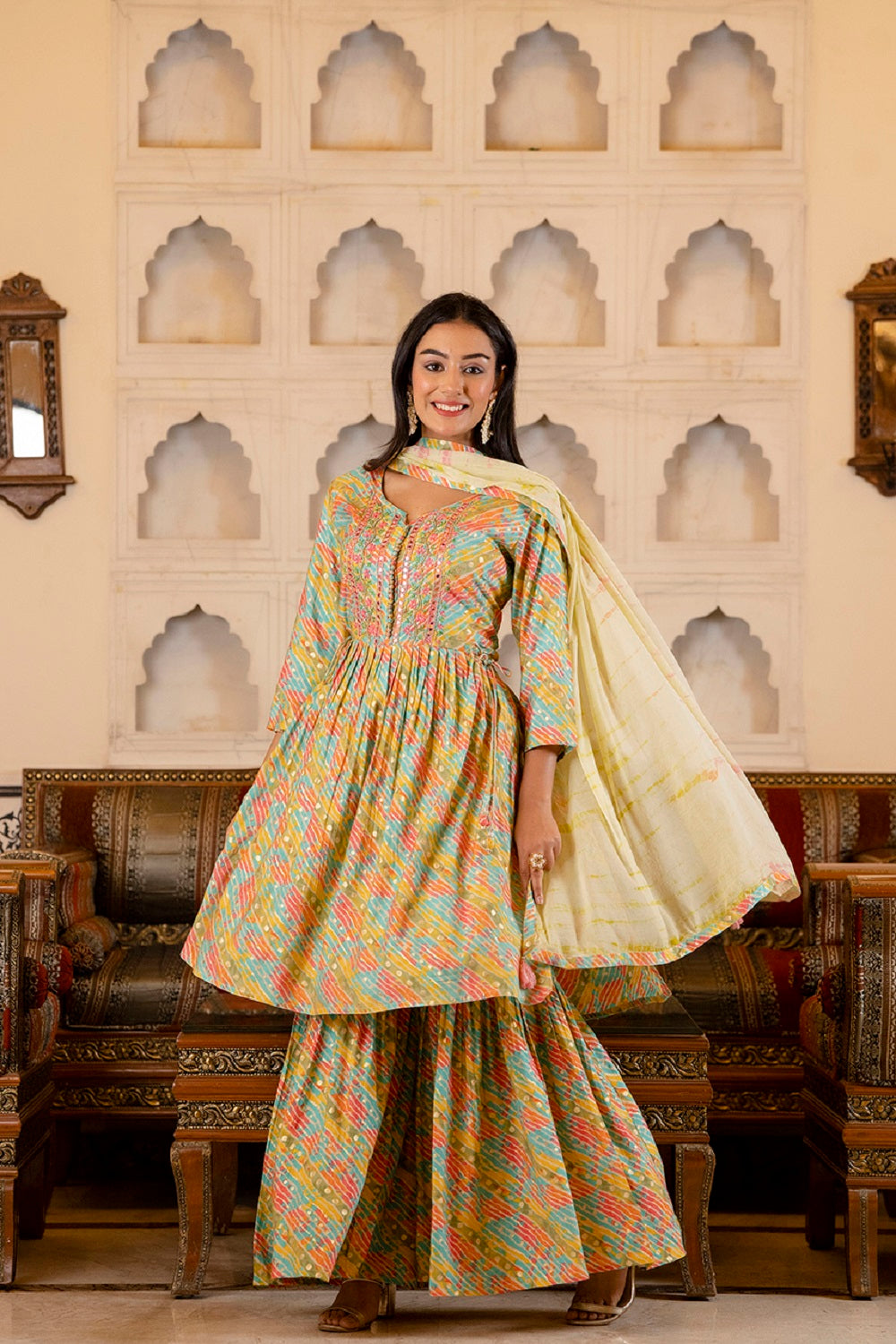 Multicolor Kurti With Plazo Dupatta Set