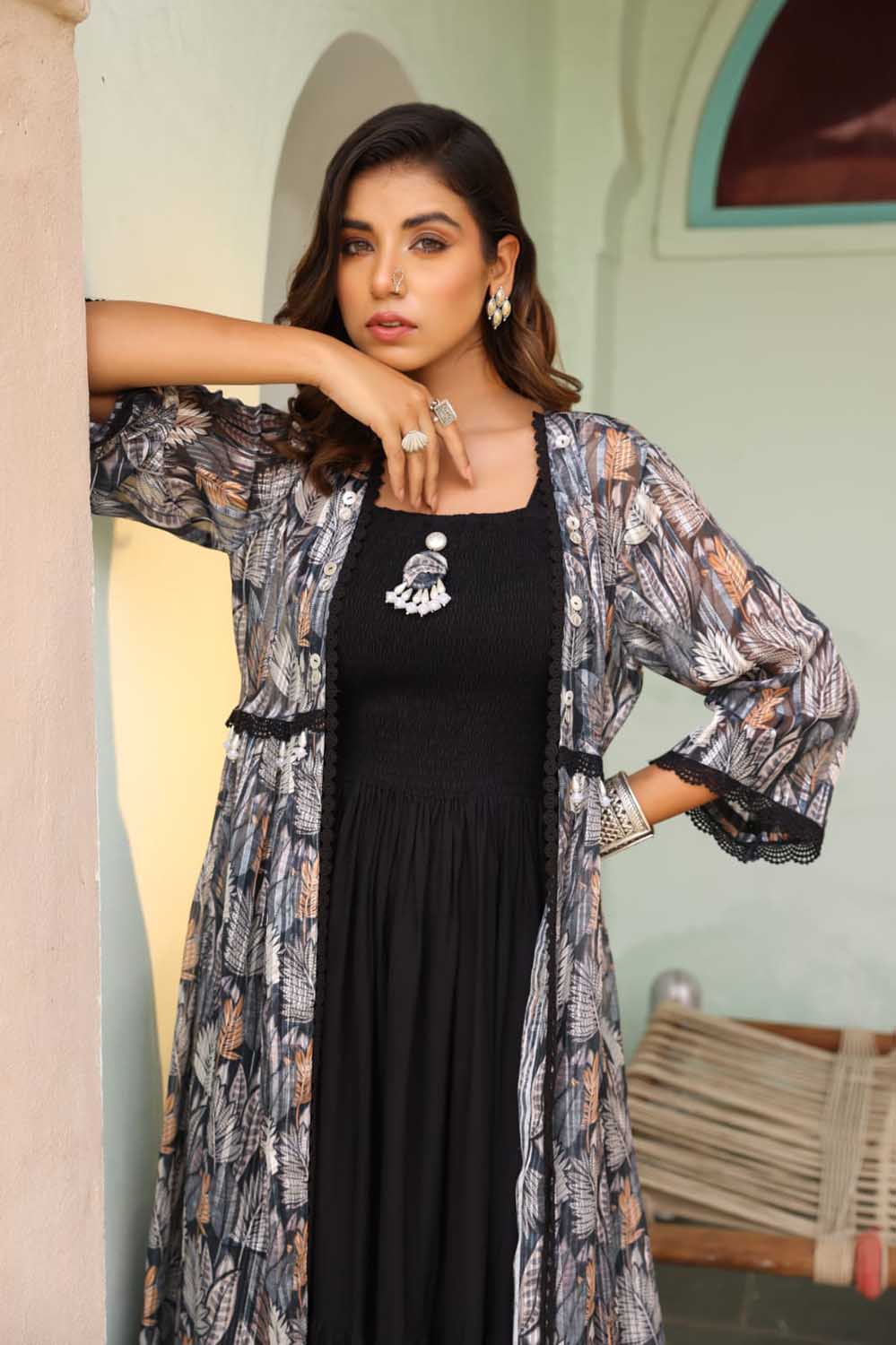 BLACK EMBELLISHED FUSION KURTI JACKET SET