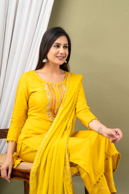 Musterd Kurti With Pant And Dupatta