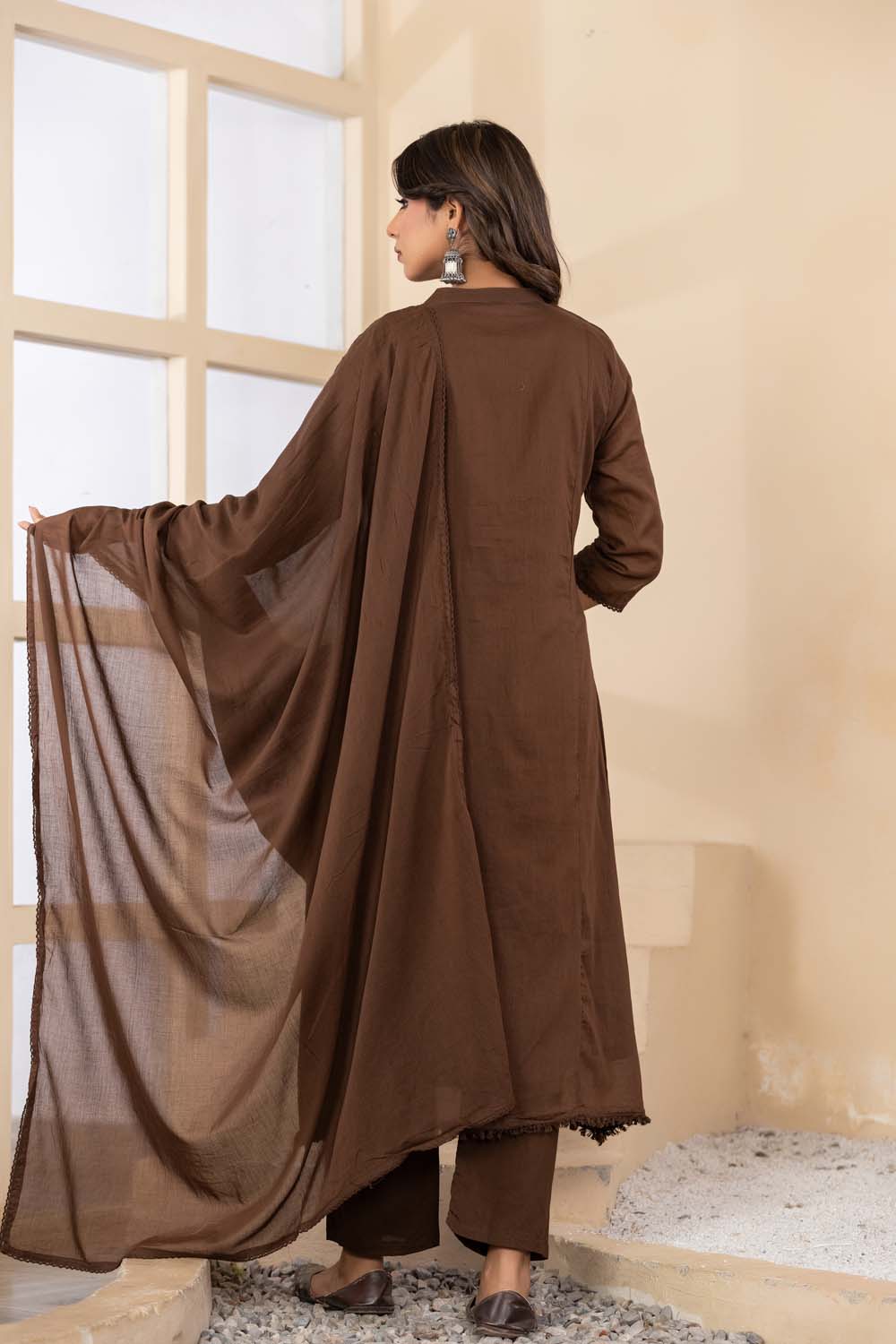 Brown Fabric Mall Cotton Kurti Plazo Dupatta 3Pcs Set