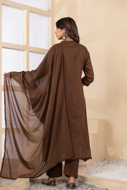 Brown Fabric Mall Cotton Kurti Plazo Dupatta 3Pcs Set