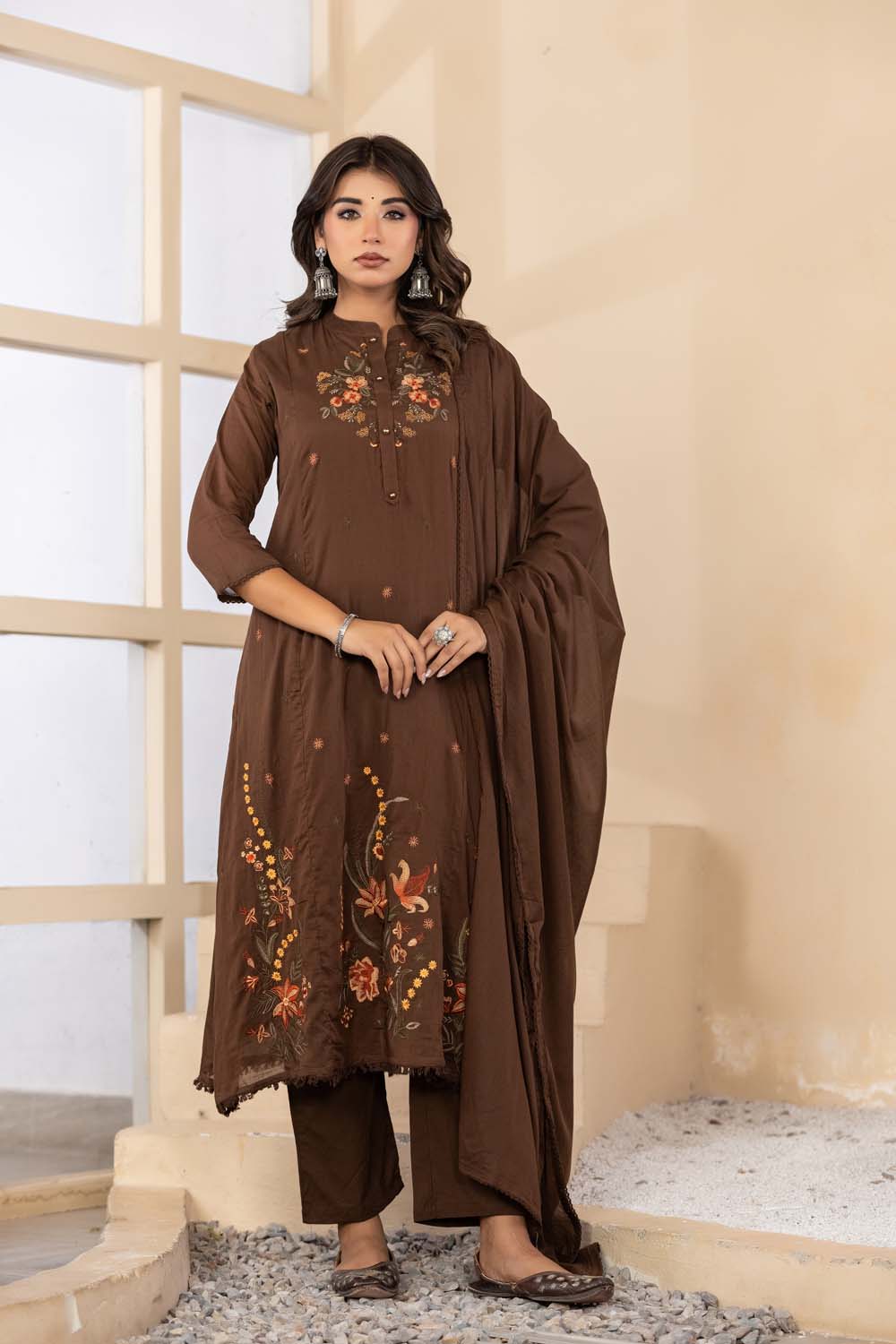 Brown Fabric Mall Cotton Kurti Plazo Dupatta 3Pcs Set
