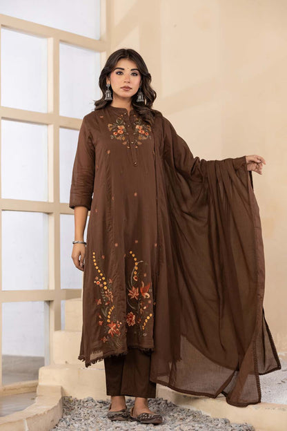 Brown Fabric Mall Cotton Kurti Plazo Dupatta 3Pcs Set