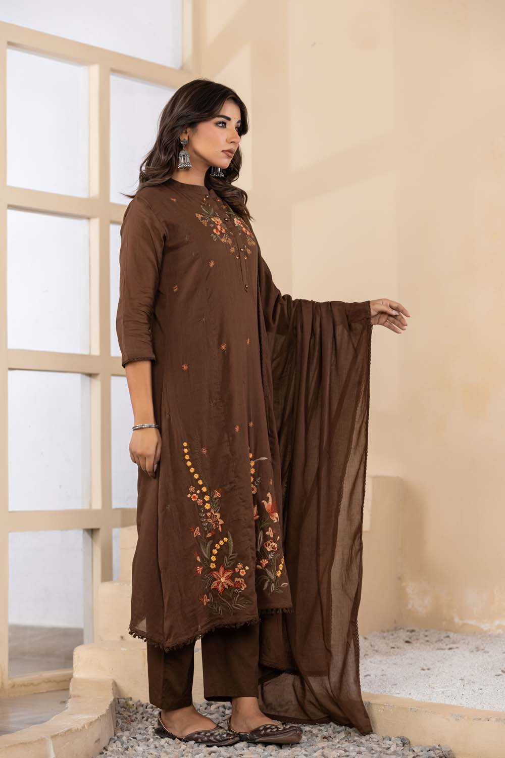 Brown Fabric Mall Cotton Kurti Plazo Dupatta 3Pcs Set