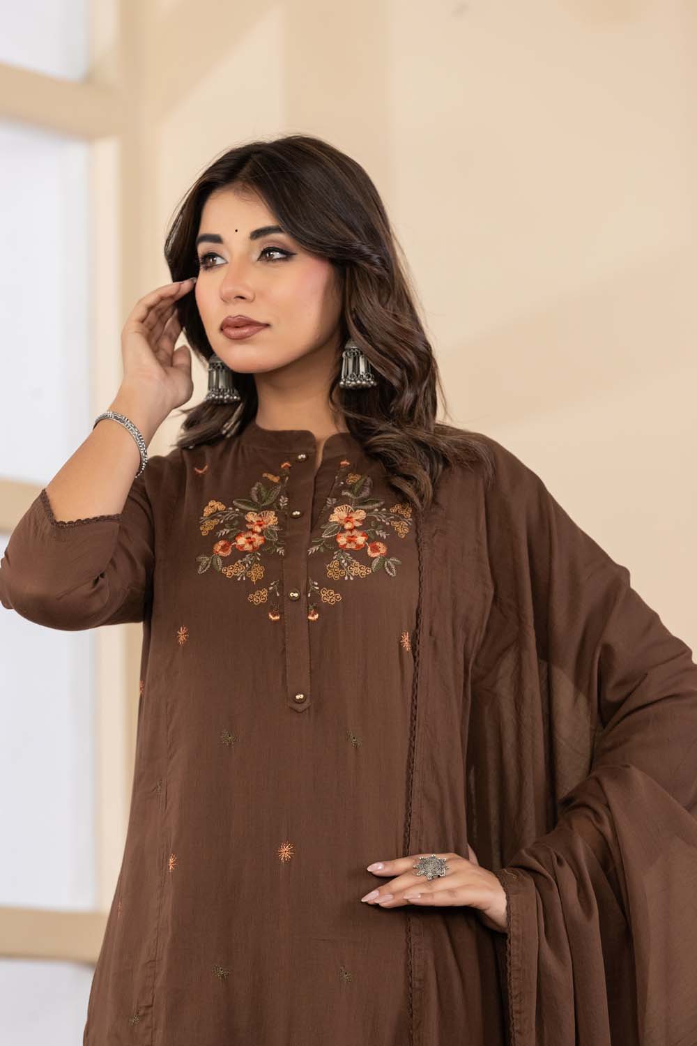 Brown Fabric Mall Cotton Kurti Plazo Dupatta 3Pcs Set