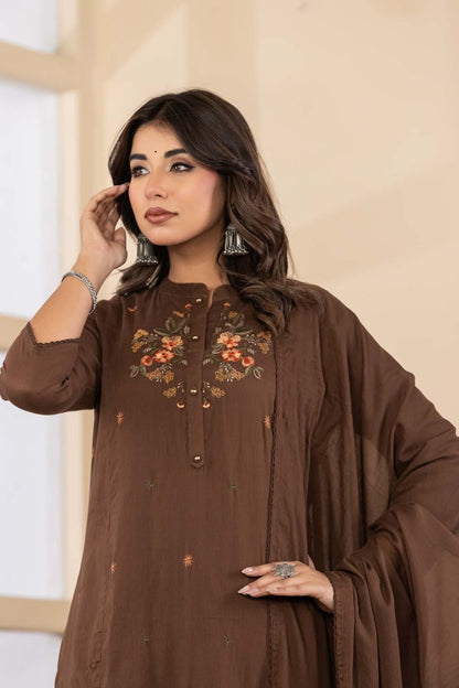 Brown Fabric Mall Cotton Kurti Plazo Dupatta 3Pcs Set