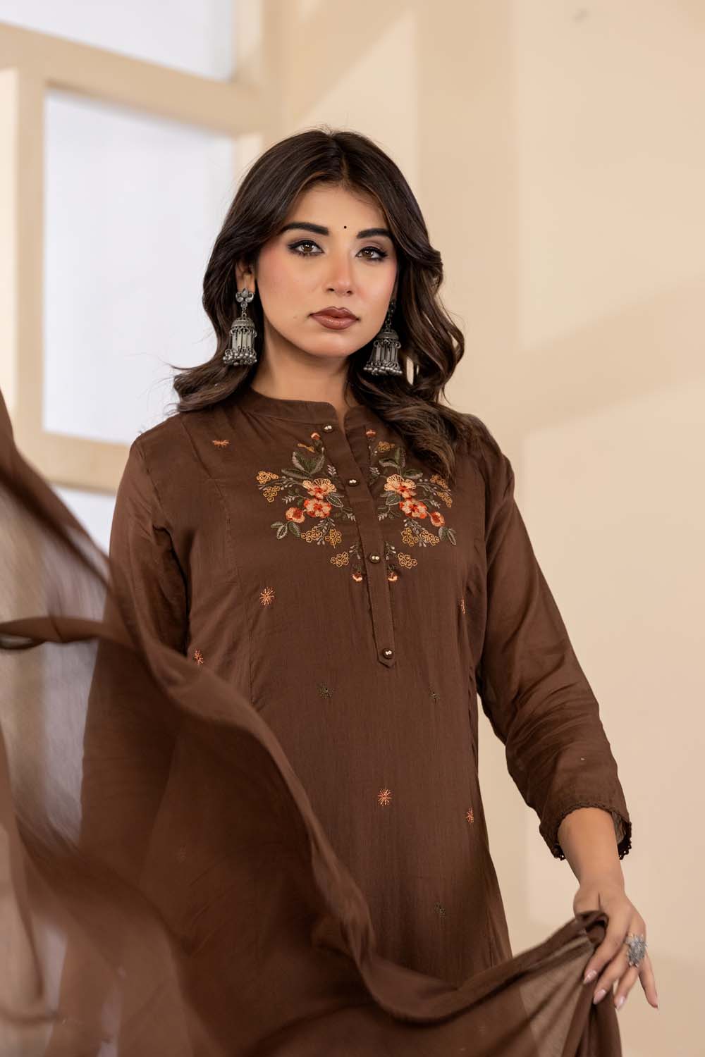 Brown Fabric Mall Cotton Kurti Plazo Dupatta 3Pcs Set