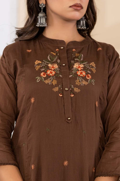 Brown Fabric Mall Cotton Kurti Plazo Dupatta 3Pcs Set