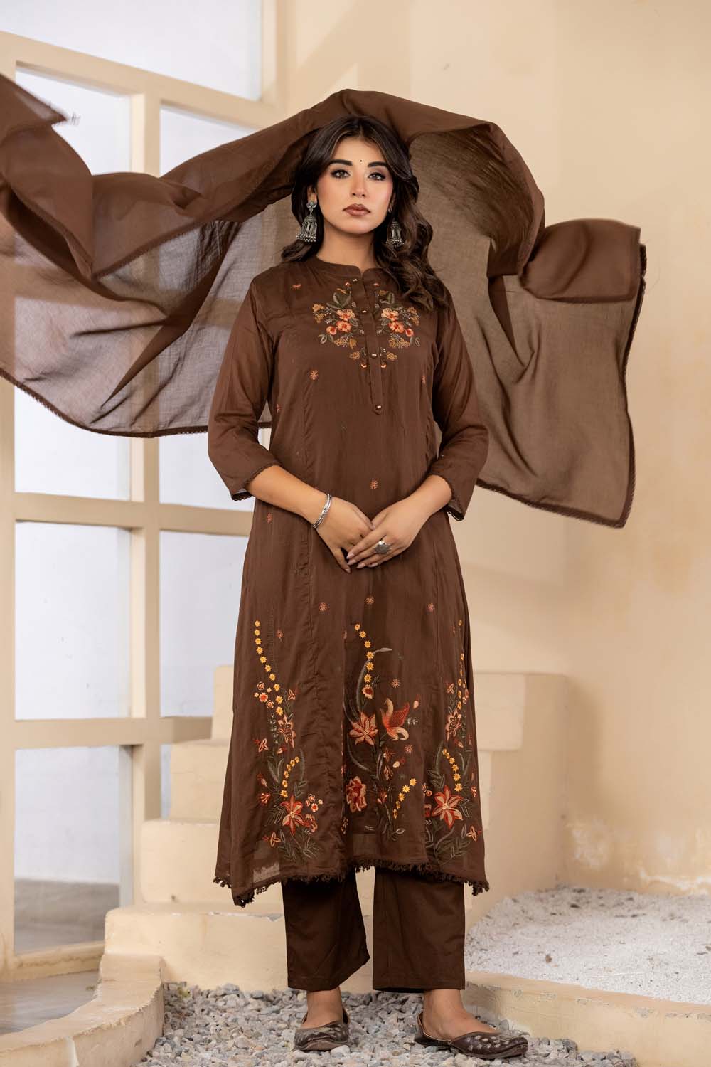 Brown Fabric Mall Cotton Kurti Plazo Dupatta 3Pcs Set