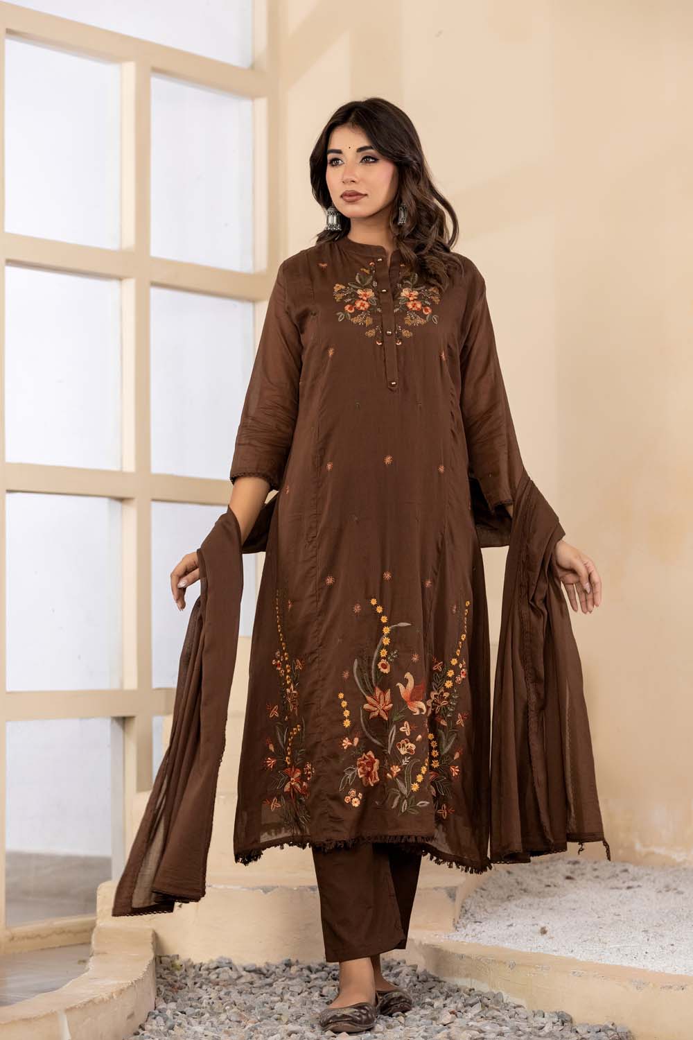 Brown Fabric Mall Cotton Kurti Plazo Dupatta 3Pcs Set