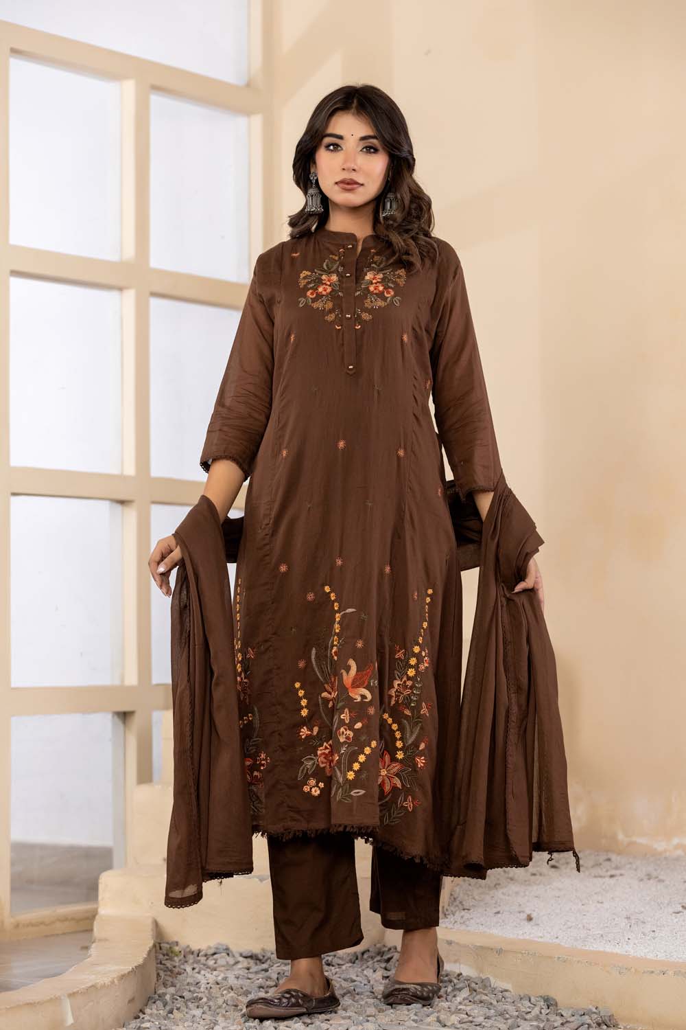 Brown Fabric Mall Cotton Kurti Plazo Dupatta 3Pcs Set