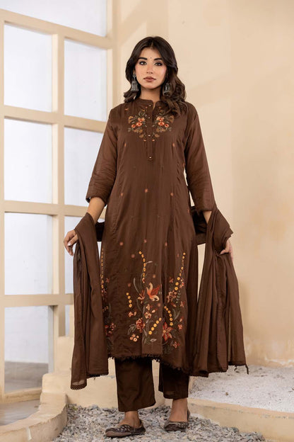 Brown Fabric Mall Cotton Kurti Plazo Dupatta 3Pcs Set