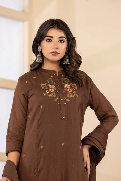 Brown Fabric Mall Cotton Kurti Plazo Dupatta 3Pcs Set