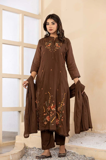 Brown Fabric Mall Cotton Kurti Plazo Dupatta 3Pcs Set