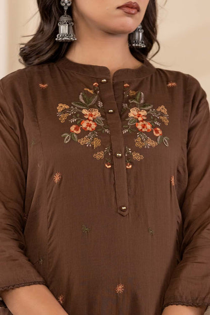 Brown Fabric Mall Cotton Kurti Plazo Dupatta 3Pcs Set