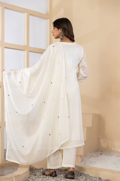 Cream Fabric Mall Cotton Kurti Plazo Dupatta 3Pcs Set